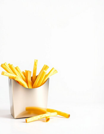 Golden French fries in a silver box on white background with copy space
