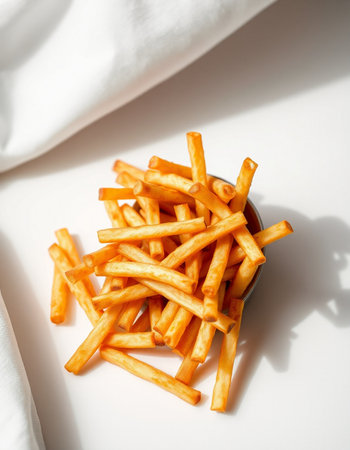 French fries in a bowl on a white background. Selective focus.
