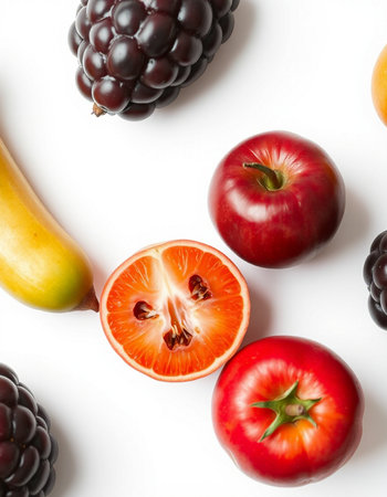 Fruits and vegetables isolated on white background. Flat lay, top viewの写真素材