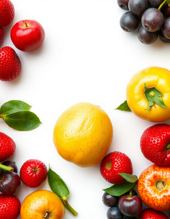 Fruits and berries isolated on white background. Flat lay, top viewの写真素材