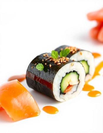 Sushi roll with salmon, avocado and cream cheese on white backgroundの写真素材