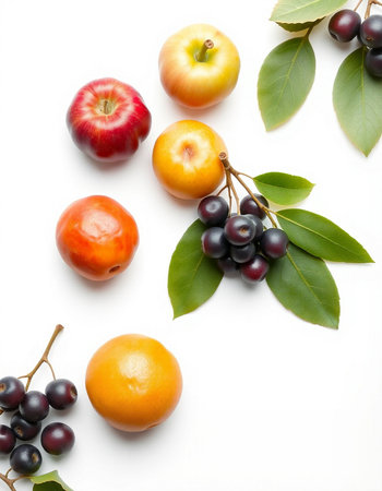 Fruits and leaves on a white background. Flat lay, top view.