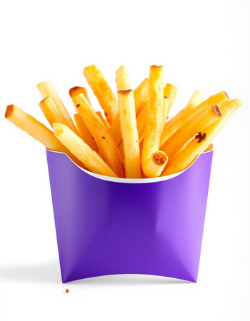French fries in a purple box on a white background. Isolatedの写真素材