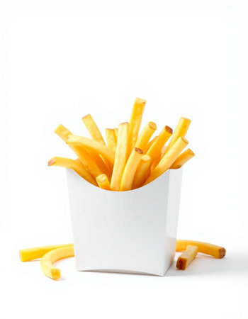 French fries in a white box on a white background. Isolated