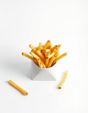 French fries in a white box on a white background, top view