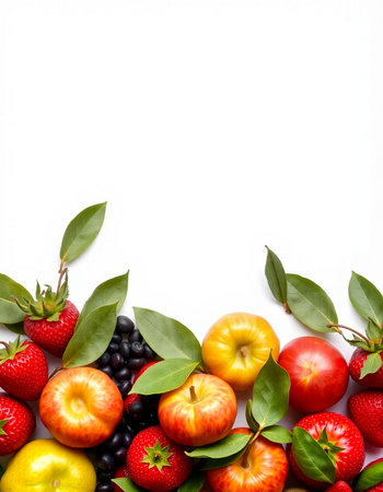 Fruits and berries on a white background with space for text.
