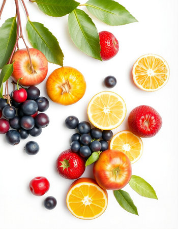 Fruits and berries on white background. Top view. Flat lay.