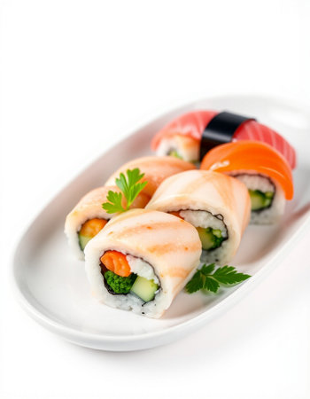 Sushi roll with salmon, cucumber and cream cheese on white plateの写真素材