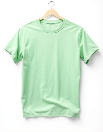 Green t-shirt on hanger on white background. Clipping path included.の写真素材
