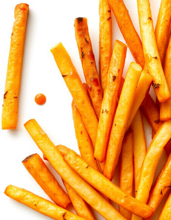 French fries isolated on white background. Top view. Flat lay.