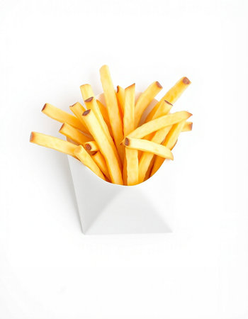 French fries in a white box on a white background, top view