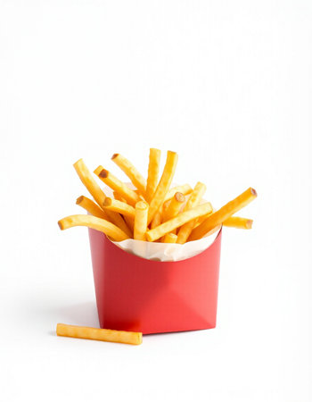 French fries in red box isolated on white background. Fast food.