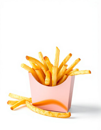 French fries in a pink box on a white background. Fast food.