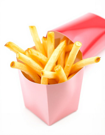 French fries in a pink box on a white background, close-up