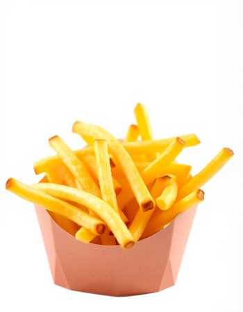 French fries in paper box isolated on white background. Selective focus.