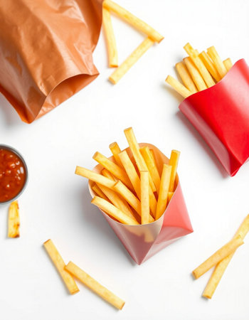 French fries in paper box with ketchup on white background, top viewの写真素材