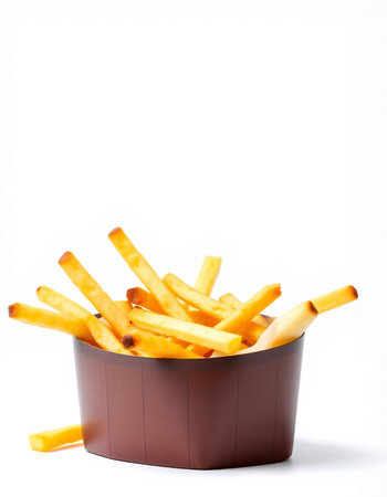 French fries in a container on a white background with copy space