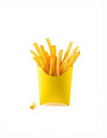 French fries in a yellow box on a white background. Isolate