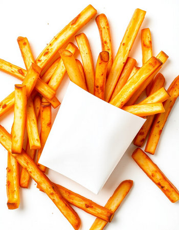French fries with white paper isolated on white background. Top view.