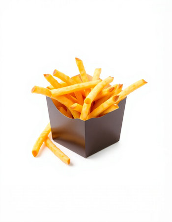 French fries in paper box isolated on white background. Selective focus.