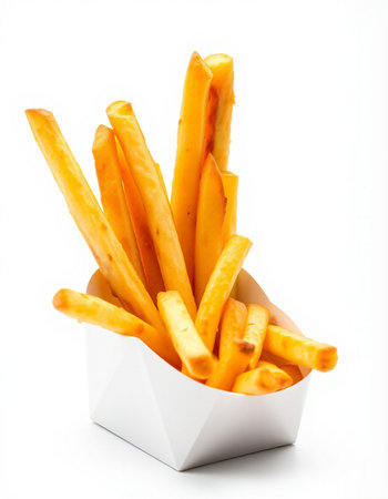 French fries in paper box isolated on white background, clipping path included