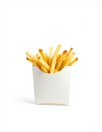 French fries in a white box isolated on white background. Fast food.