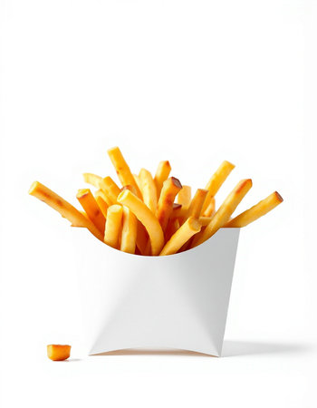 French fries in paper box isolated on white background, clipping path included