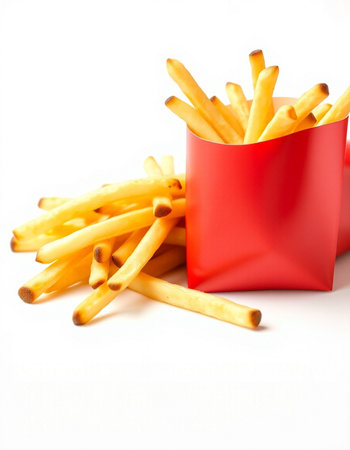 French fries in a red box on a white background, close-up