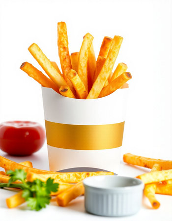 French fries in paper box with tomato and parsley on white background
