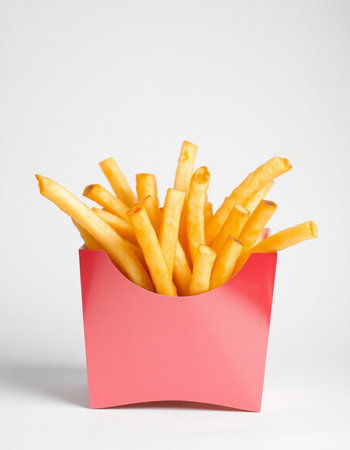 French fries in a red box on a white background. Isolated