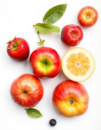 Fresh fruits on white background. Healthy food concept. Top view.の写真素材