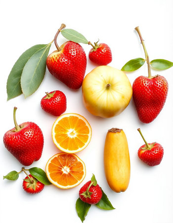 Strawberry, orange, apple and leaf isolated on white background