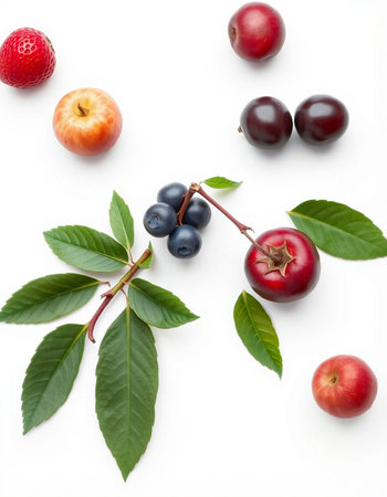 Fruits and berries on a white background. View from above.の写真素材