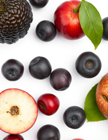 Red apple, blackberry, blackberry and cherry on white background