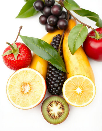 Fresh fruits and berries isolated on white background. Healthy food concept.の写真素材