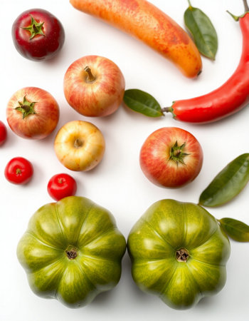 Tomatoes, peppers, apples and tomatoes on a white background.の写真素材