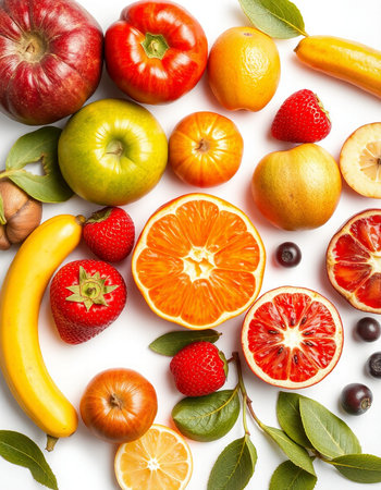 Fruits and vegetables isolated on white background. Flat lay, top view