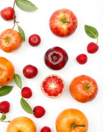 Fruits and berries on white background. Flat lay, top viewの写真素材