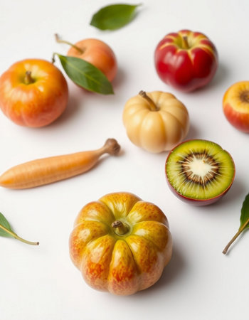 Autumn fruits and vegetables on a white background. Healthy food.の写真素材