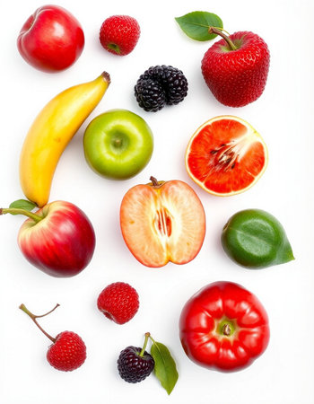 Fruits and berries on white background. Top view. Flat layの写真素材