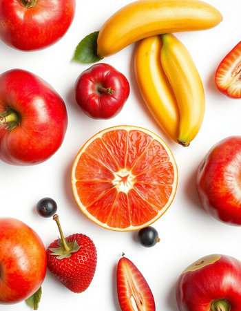 Composition with fresh fruits on white background, top view. Flat layの写真素材
