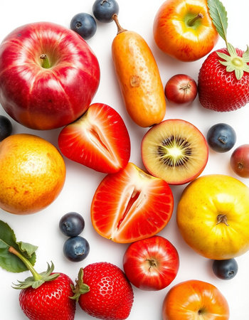 Fruits and berries isolated on white background. Flat lay, top viewの写真素材