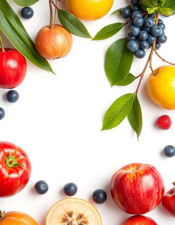 Fresh fruits and berries isolated on white background. Flat lay, top viewの写真素材