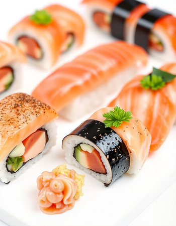 Sushi Set with Salmon, Cucumber, Cream Cheese and Raw Salmon insideの写真素材