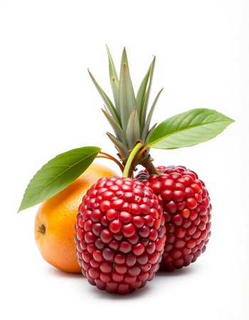 Fruit isolated on white background. Ripe orange, raspberry and mandarin