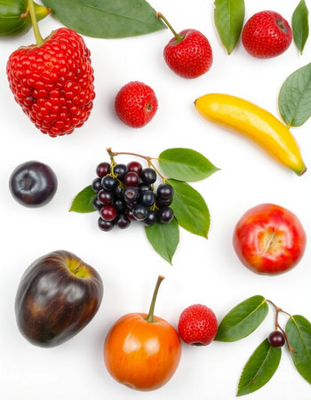 Fruits and berries isolated on white background. Flat lay, top view
