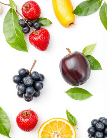 Fruits and berries on white background. Flat lay, top viewの写真素材