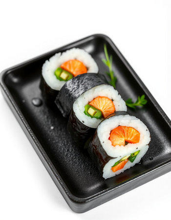 Sushi roll with salmon and cucumber on black plate isolated on white backgroundの写真素材