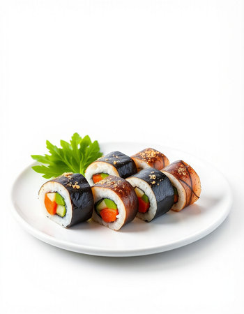 Sushi rolls on a white plate isolated on a white background.の写真素材