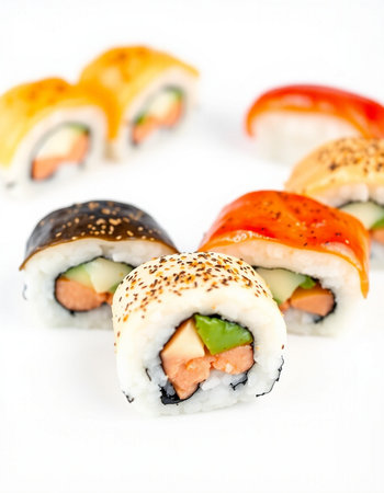 sushi rolls on a white background, close-up, horizontalの写真素材